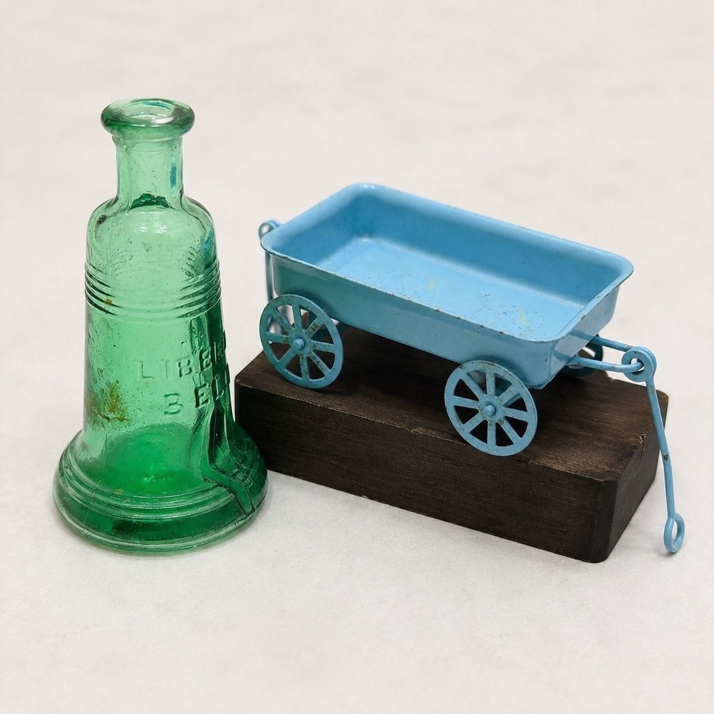 Vintage Green Glass Liberty Bell Bottle & Blue Metal Toy Wagon Miniature Set